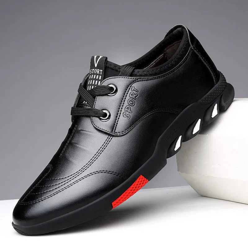 Men's black and brown PU leather business shoes with flat heel design