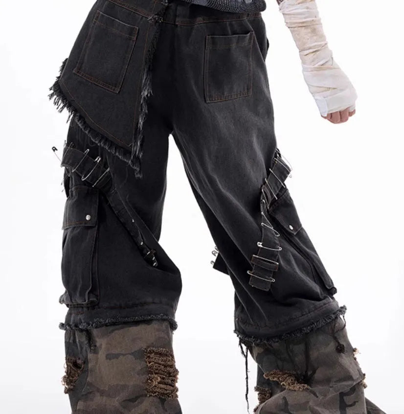 Men's grey cotton jeans with camouflage pattern splicing and pin ribbon details on legs