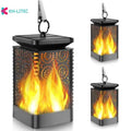 Four black solar-powered hanging torch lights with flickering flame LED effect for garden decoration