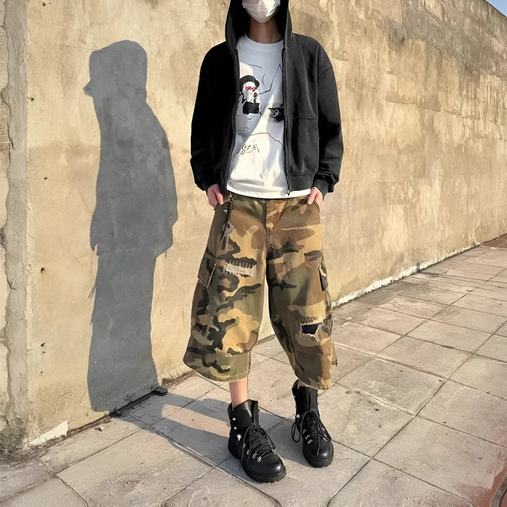 Men's cropped camouflage jeans with retro patch and ripped detailing in straight leg cut
