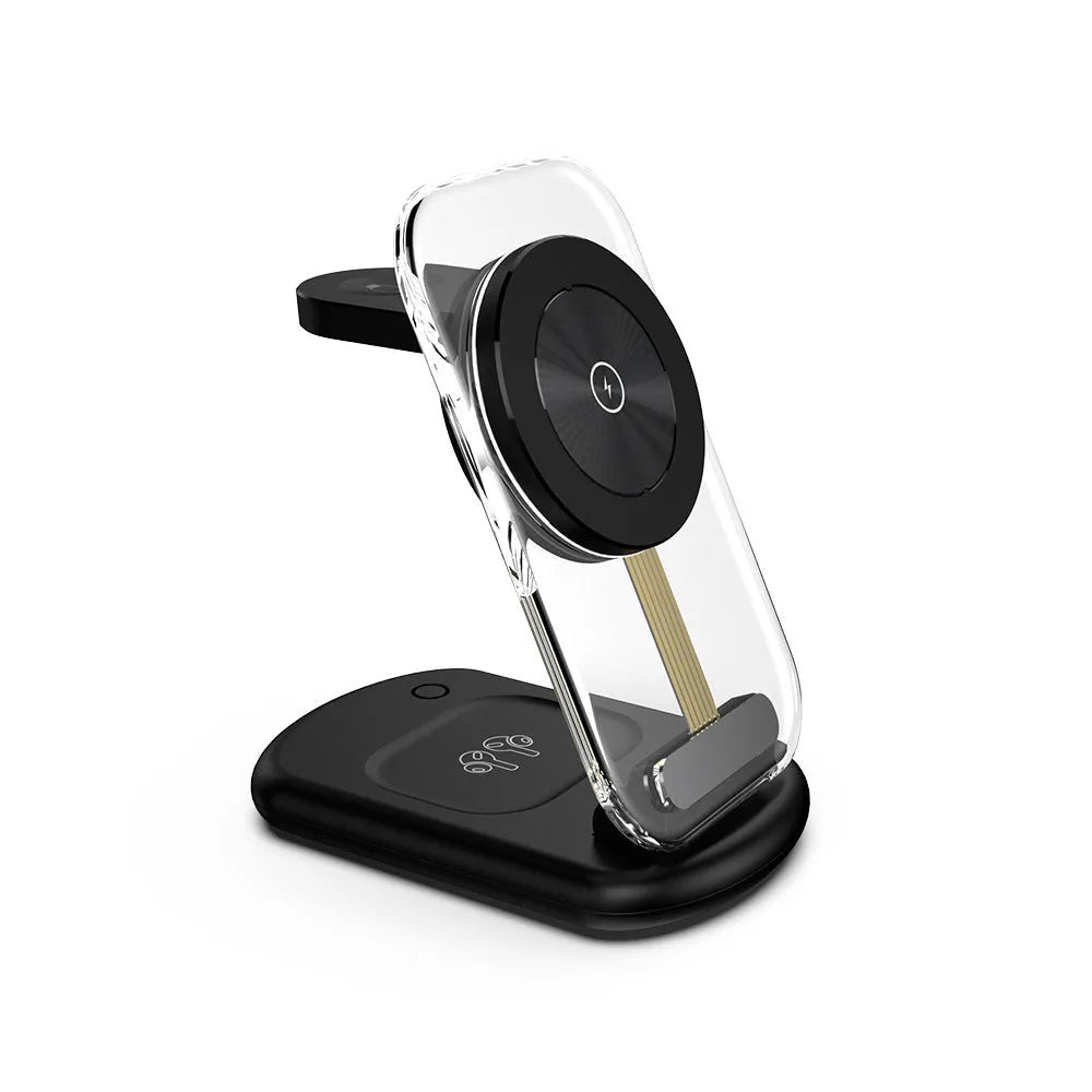 Transparent folding magnetic wireless charger showing internal components with QC3.0 fast charging support