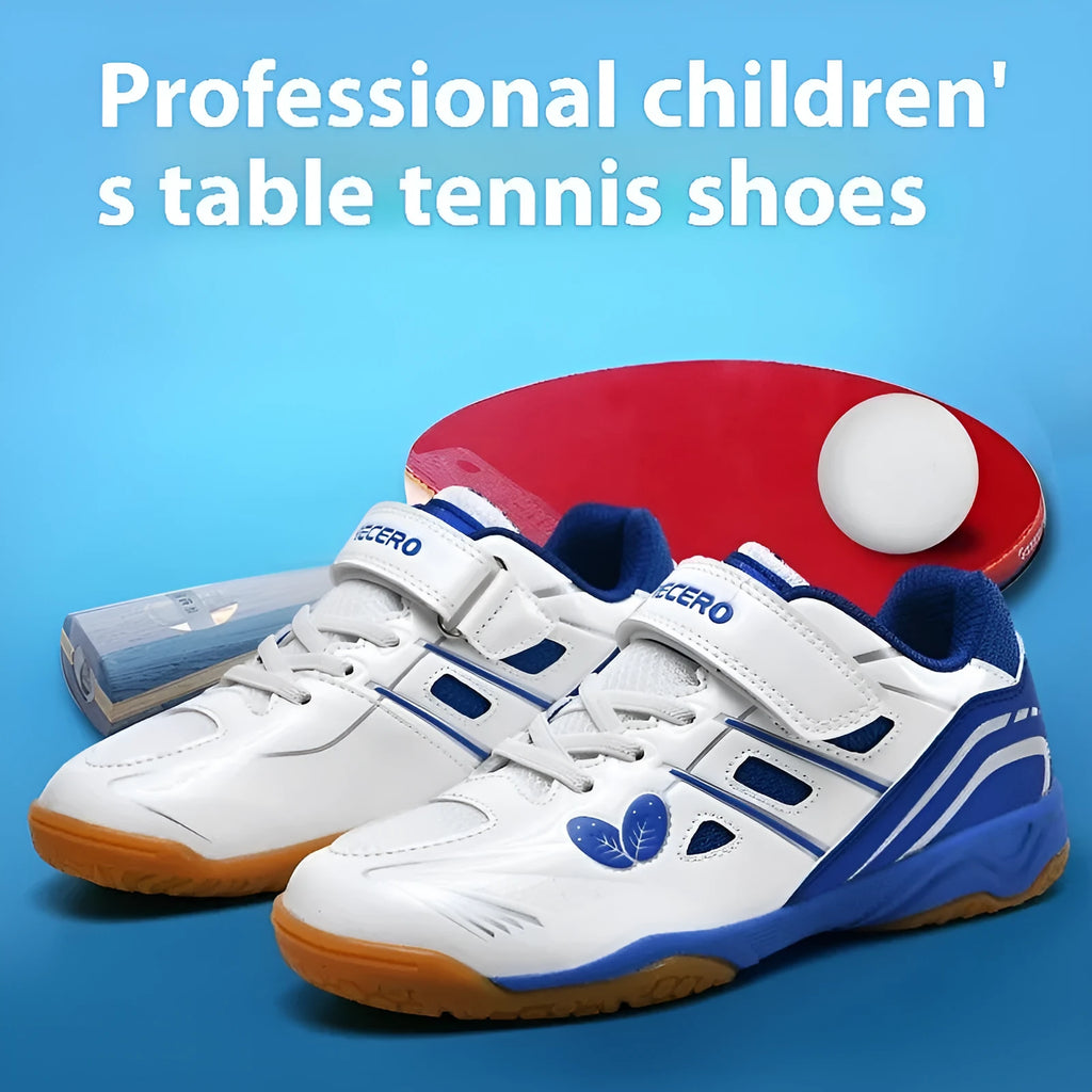 White and blue lightweight badminton shoes with ribbed sole and low-top PVC upper.
