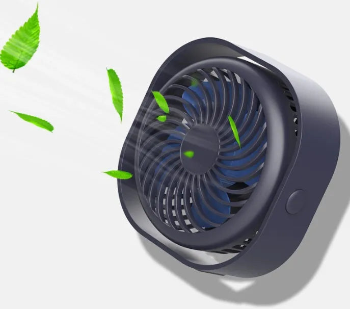 Compact USB desk fan with rotary switch shown in blue colour, demonstrating 360-degree rotation feature.