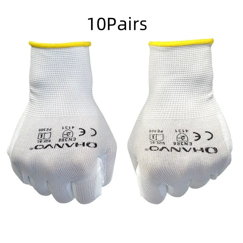 White PU-coated labour work gloves showing flexible coating and wrist coverage