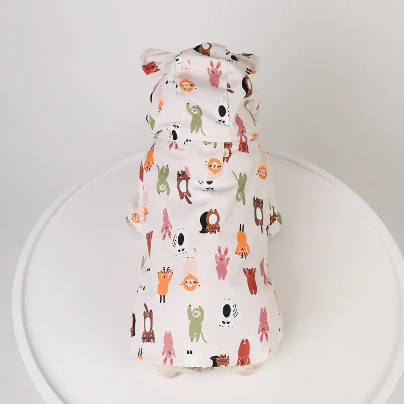 Beige cartoon dog raincoat with waterproof PU coating in cat head or small animal print designs