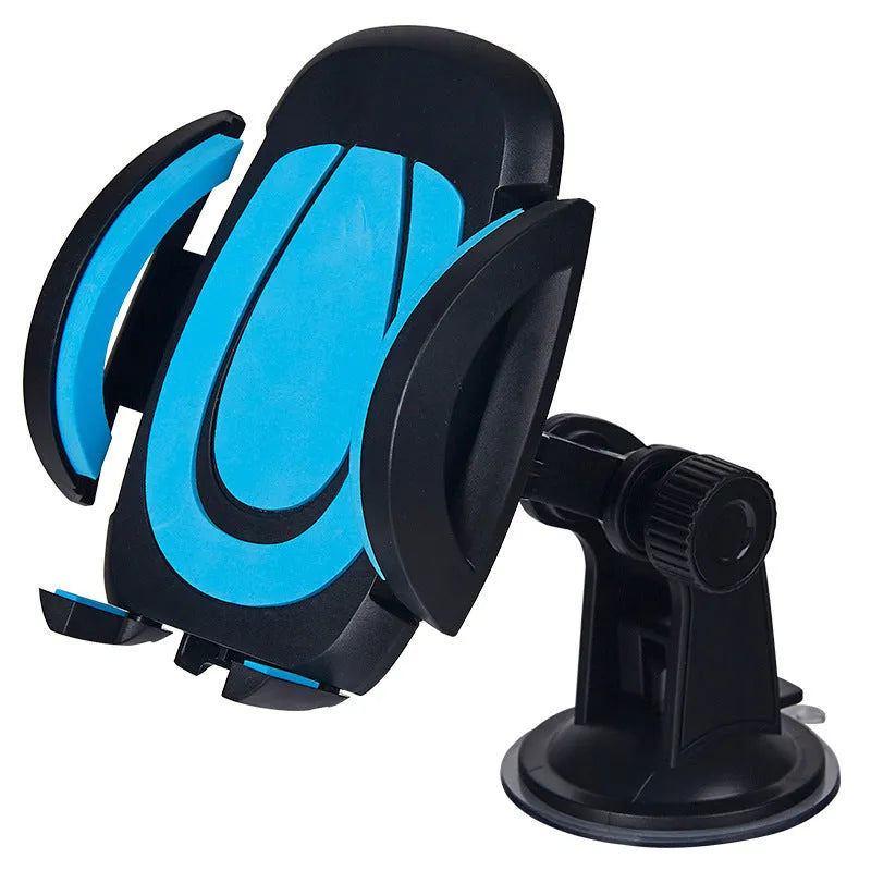 Red ABS car phone holder with U-shaped design and suction cup base on a vehicle dashboard