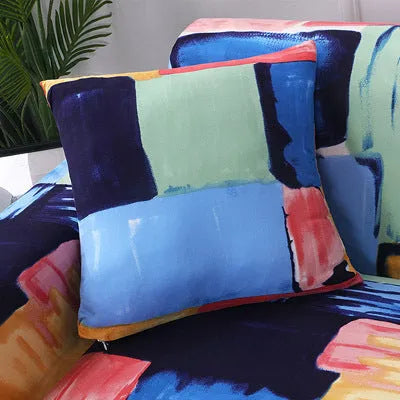 Geometric pattern stretch sofa slipcover fitted on a double seat sofa
