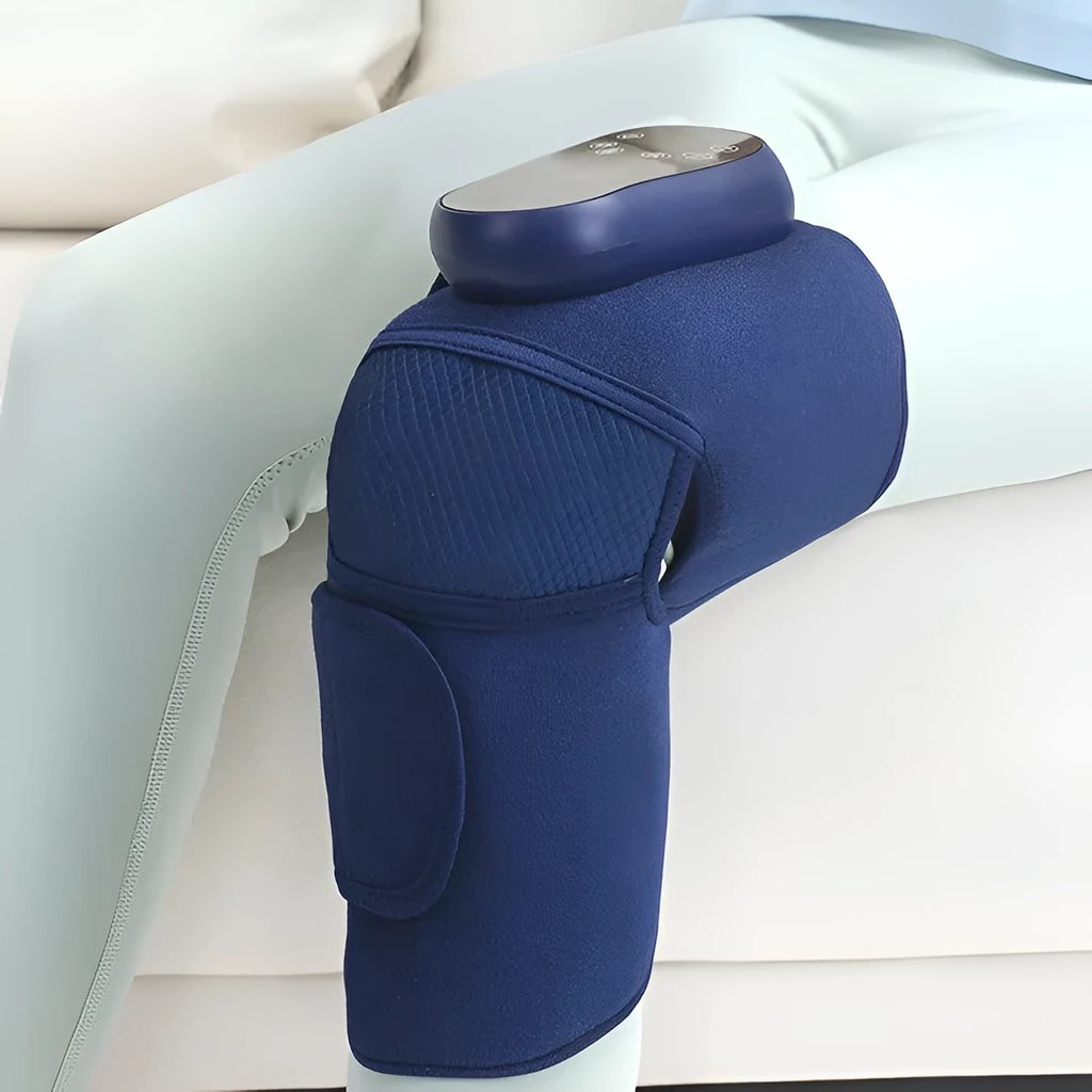 Airbag Blue self-heating knee massager showing wrap-around design for hot compress and massage therapy