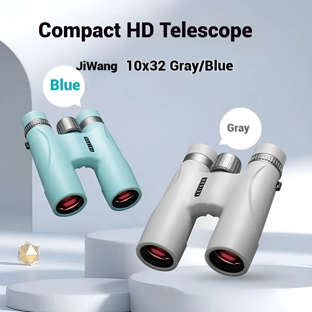 Blue and grey 10x32 compact binoculars with wine red film imaging on a table.