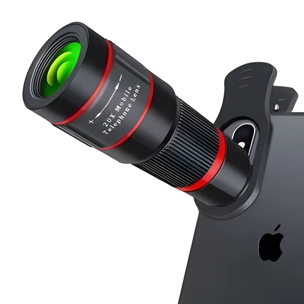 20x magnification smartphone telescope with universal mounting clip and single eye mask.