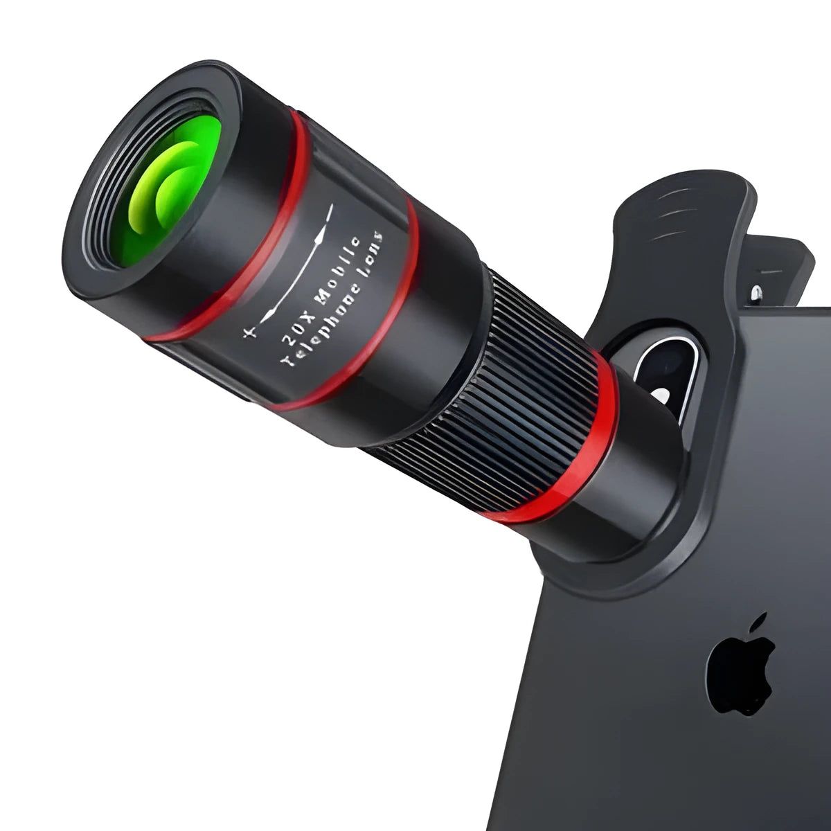 20x magnification smartphone telescope with universal mounting clip and single eye mask.