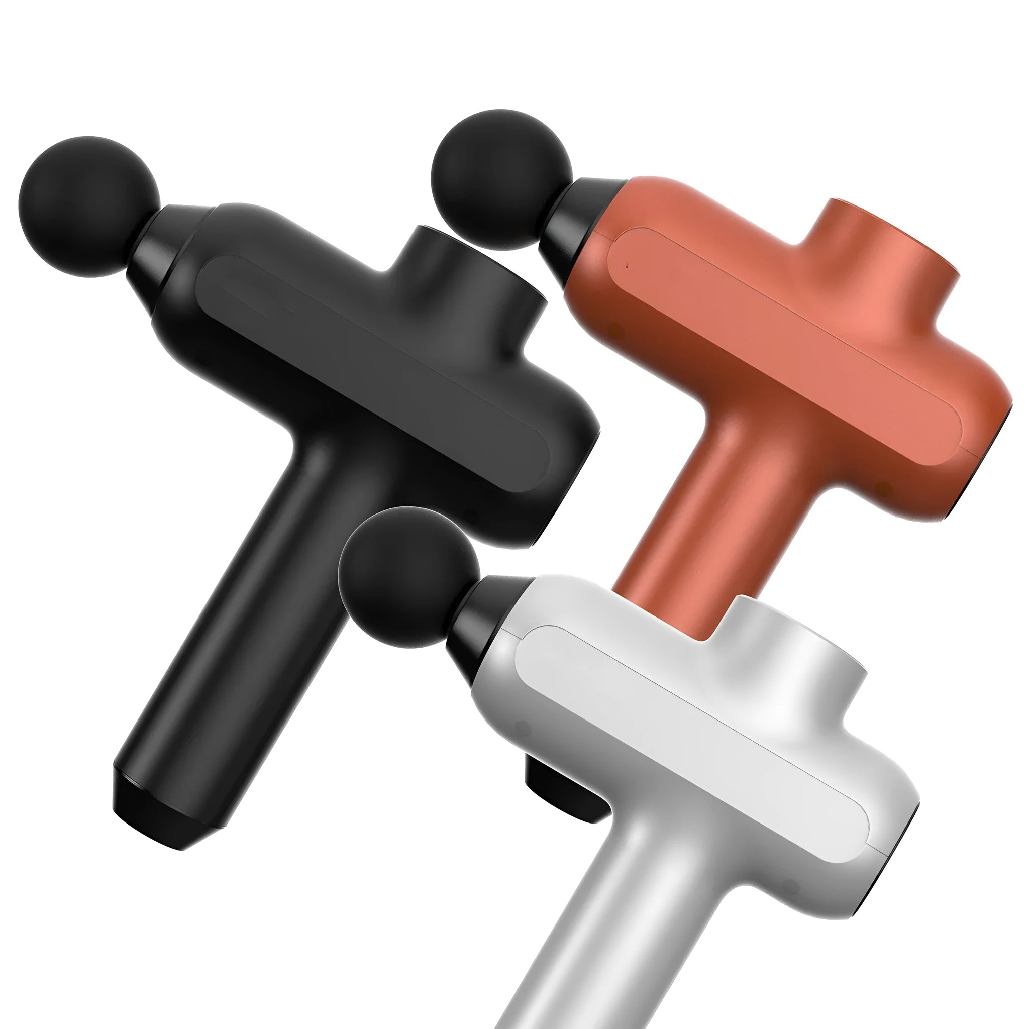 Handheld black muscle massager with six different coloured attachment heads on a white background.
