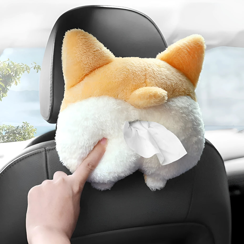 Yellow corgi butt-shaped tissue box cover with elastic back for car sun visor mounting