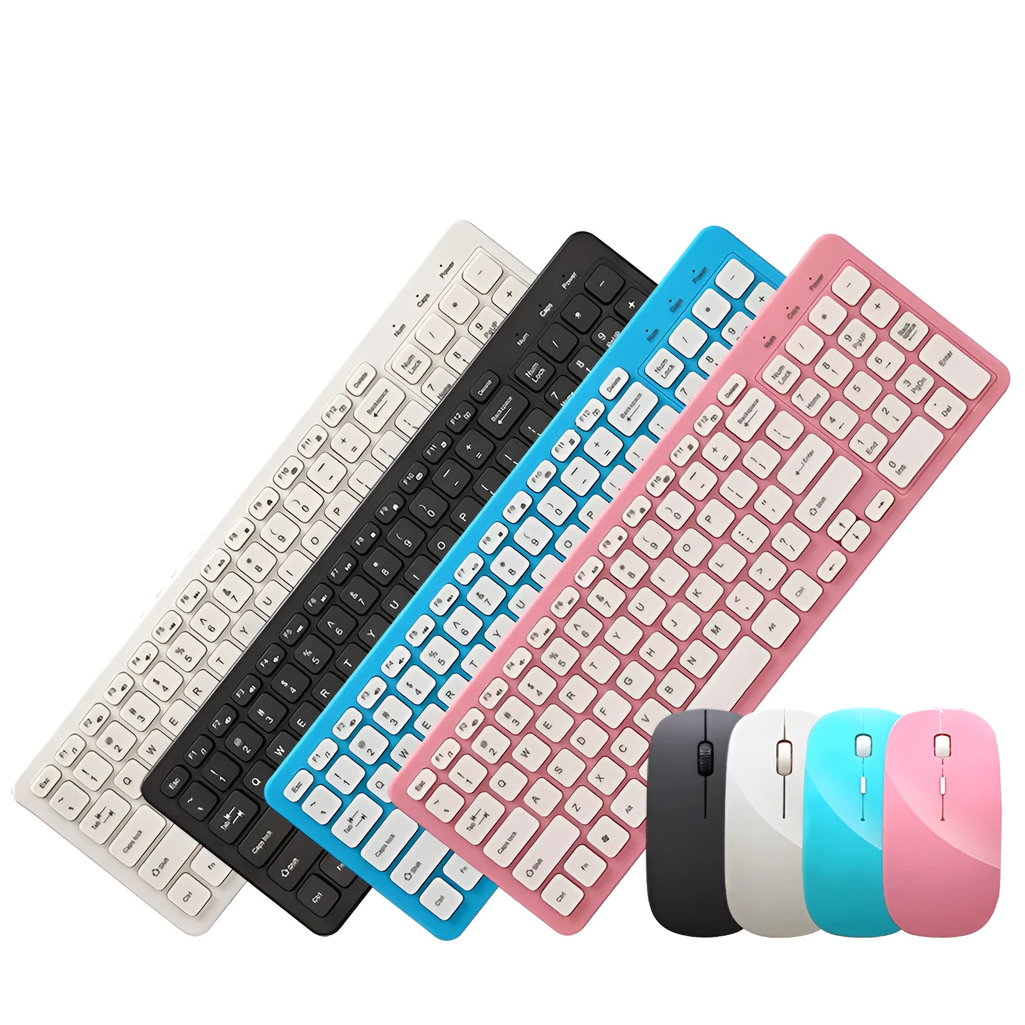 Black wireless keyboard and mouse set with 96 chocolate-style keys and a compact mouse on a desk.
