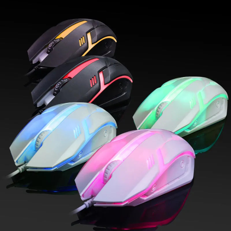 Wired luminous USB computer mouse in black or white with colourful glow effects and 1.3m cable