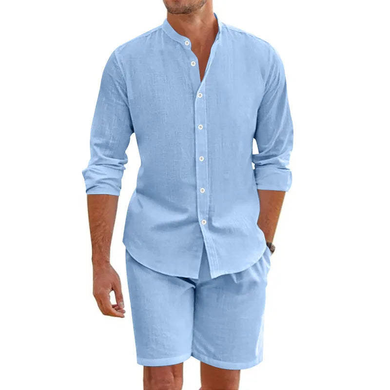 Men's dark grey hemp blend linen short sleeve shirt and drawstring shorts summer suit set