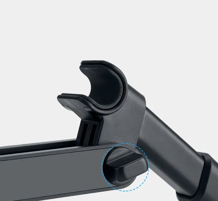Black universal car phone holder mounted on rear seat base holding a tablet
