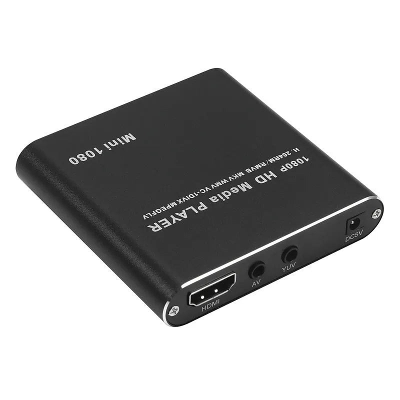 Compact blue 1080p Full HD media player with remote control on a black background.