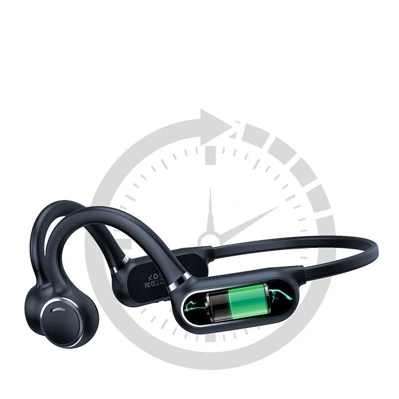 Black air conduction Bluetooth earphone with titanium frame showing ergonomic design