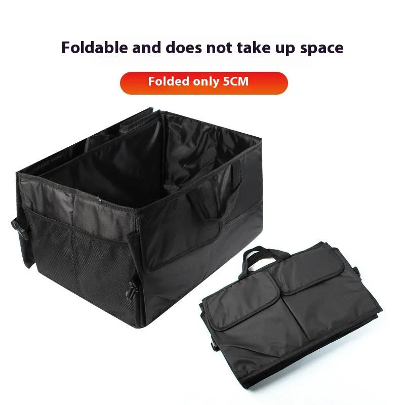 Folding Oxford cloth car storage box in black, collapsed and unfolded, showing its 56x40x26cm rectangular shape for boot organisation.
