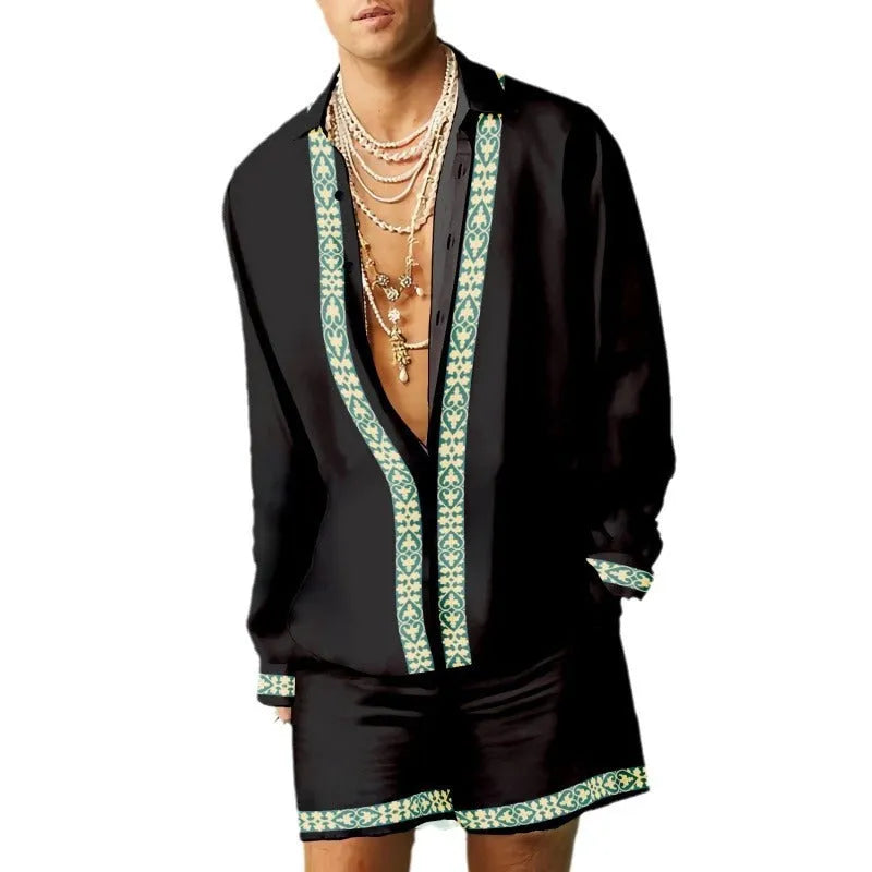 Men's casual summer outfit featuring a slim-fit long sleeve shirt and matching shorts in light blue.