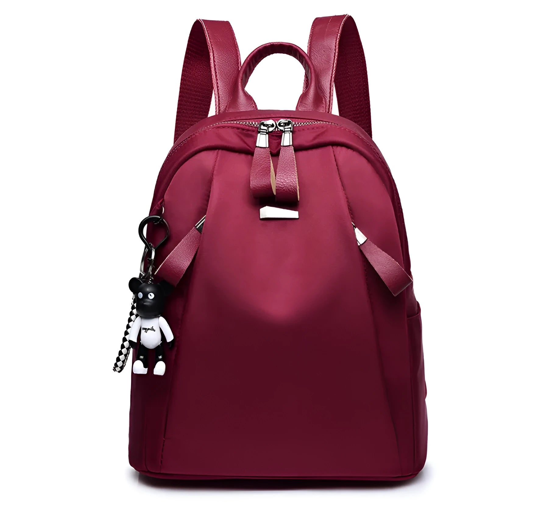 Medium Oxford cloth rucksack in wine red colour showing internal organisation pockets