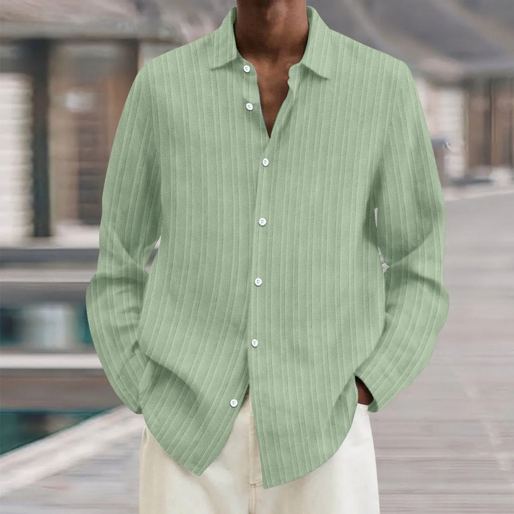 Men's striped British style cardigan shirt with 3D pattern and long sleeves