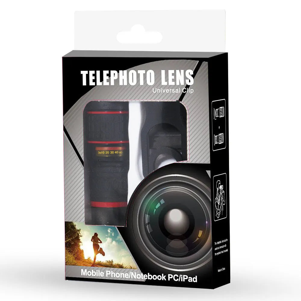 20x magnification smartphone telescope with universal mounting clip and single eye mask.