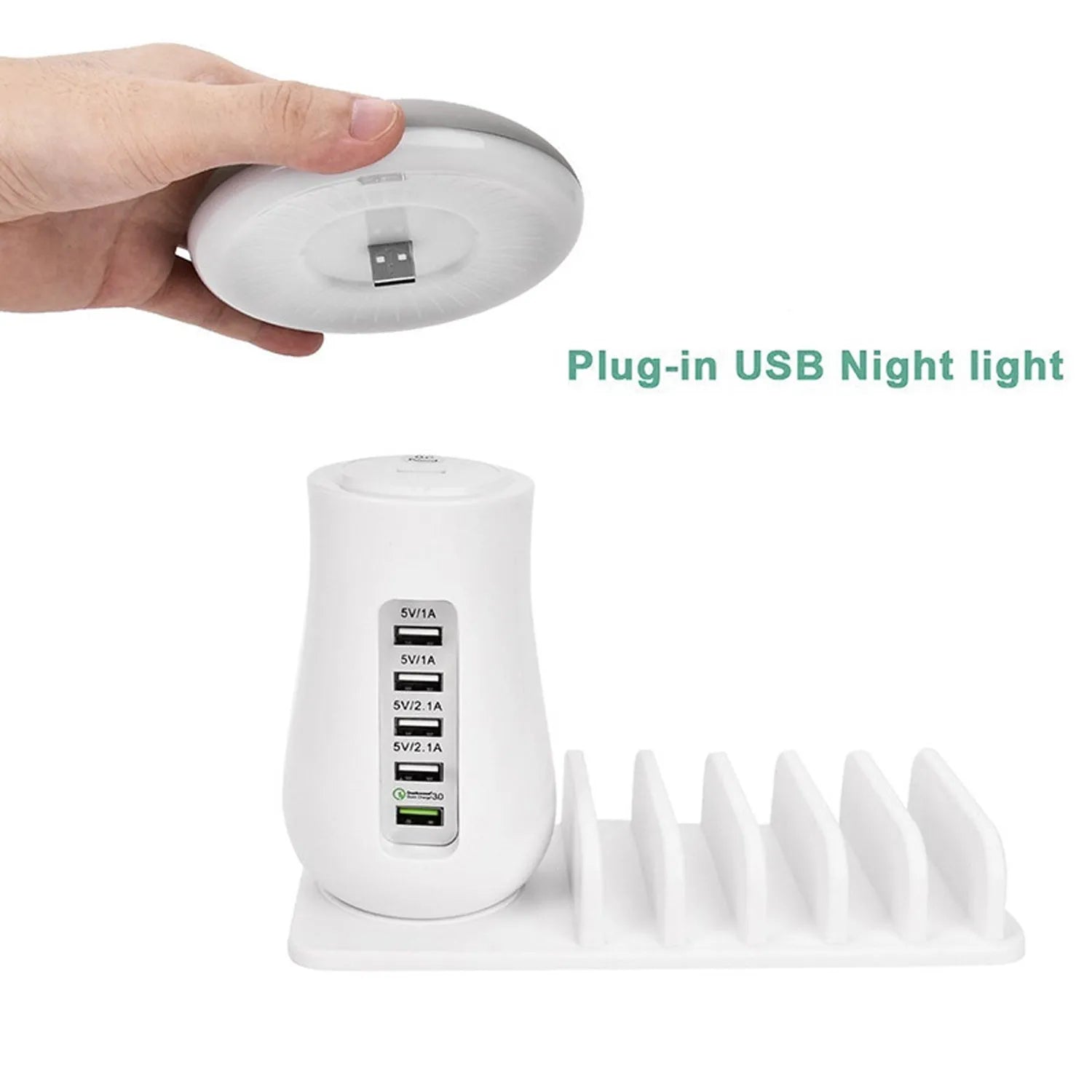 White mushroom-shaped LED desk lamp with 5 USB charging ports on a wooden desk