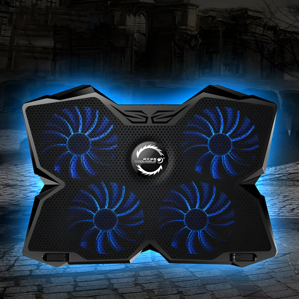 Blue LED PC cooling fan base with four fans, two speed switches, and USB ports