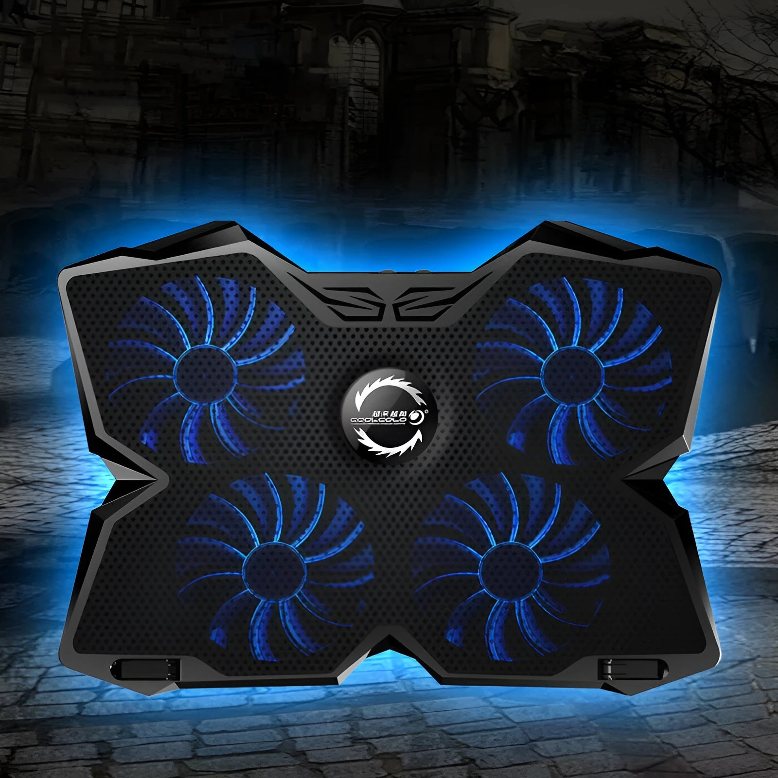 Blue LED PC cooling fan base with four fans, two speed switches, and USB ports