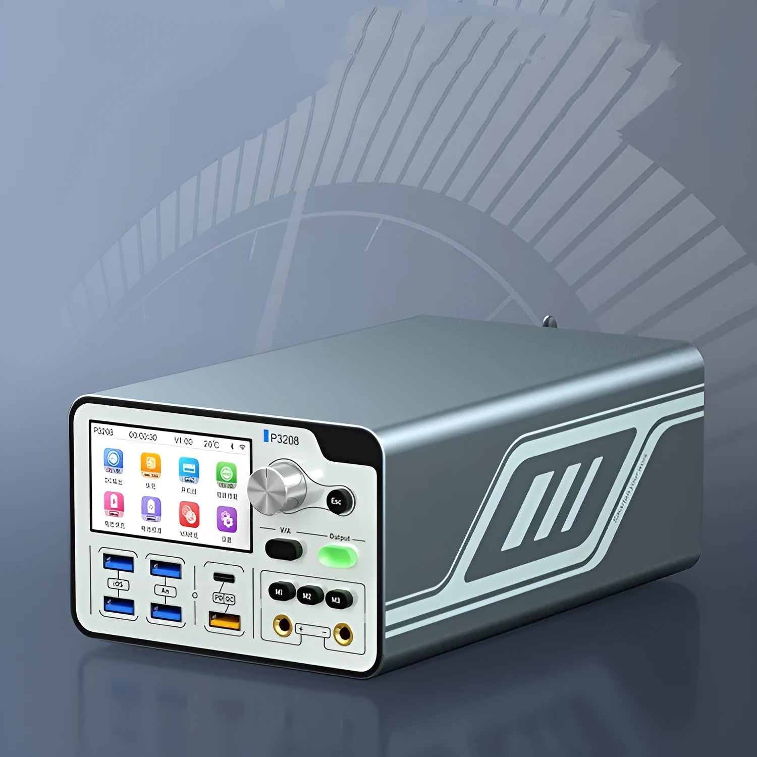 320W intelligent regulated power supply meter with 3-inch display on a workbench.