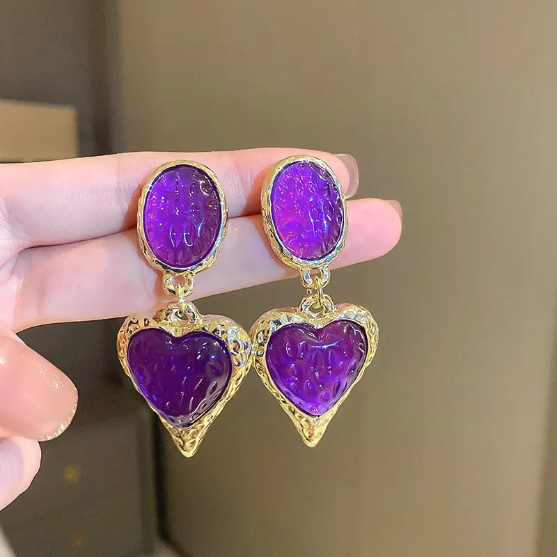 Pleated oval love heart stud earrings in purple, red, green, and yellow and white alloy colours