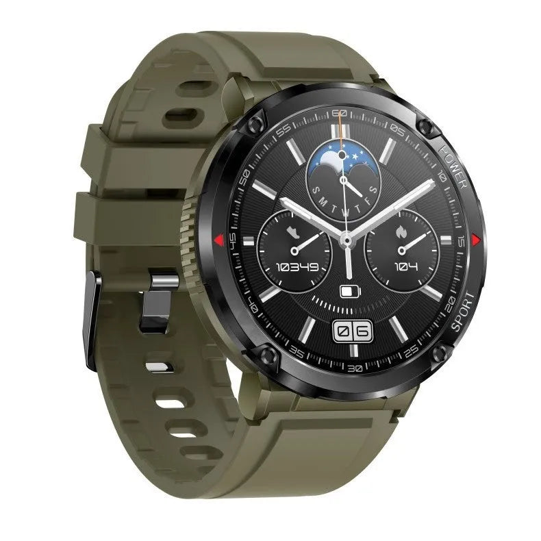 T30 smart watch with black silicone strap showing 52mm touch screen displaying heart rate and call interface