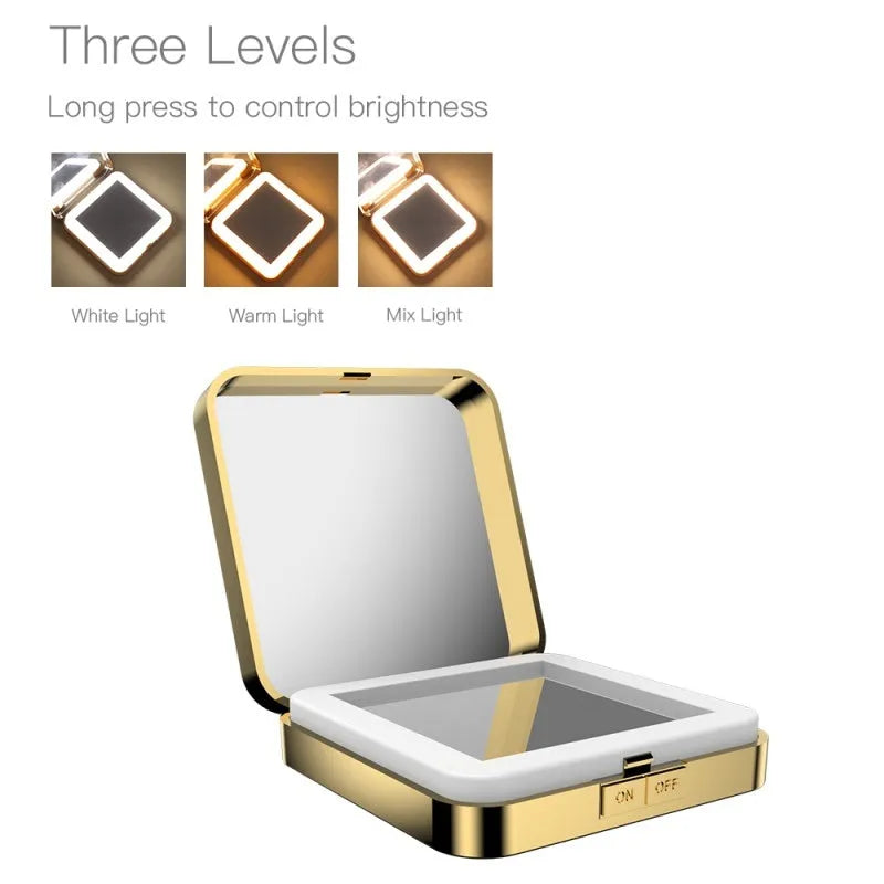 Black and white lighted makeup mirror showing 4x magnifying section and adjustable warm and cool lights.