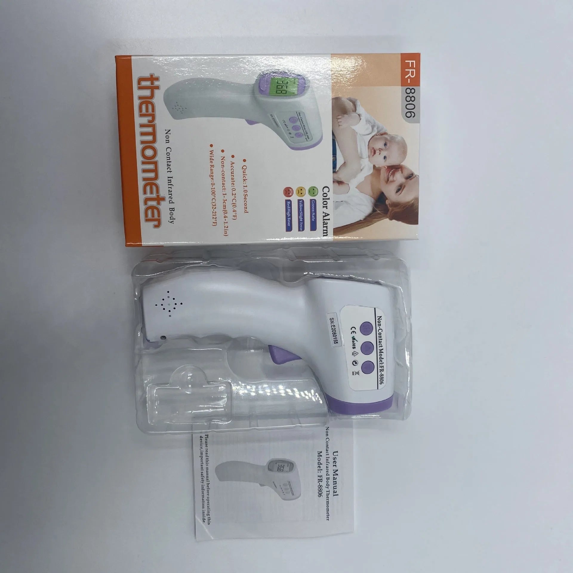 White digital non-contact thermometer with wall mount hardware.