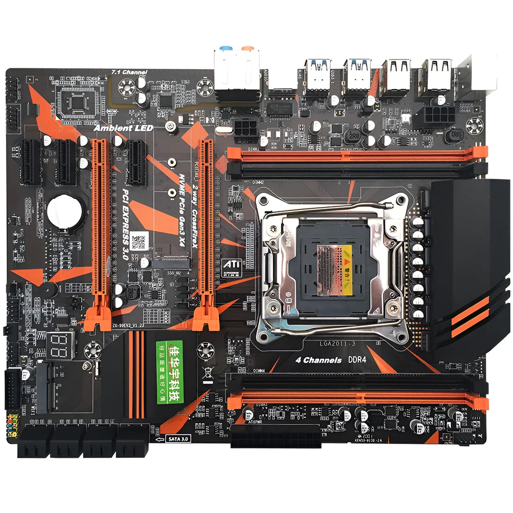 Black X99 chipset ATX motherboard with LGA2011-3 socket, four DDR4 slots, and M.2 interface.