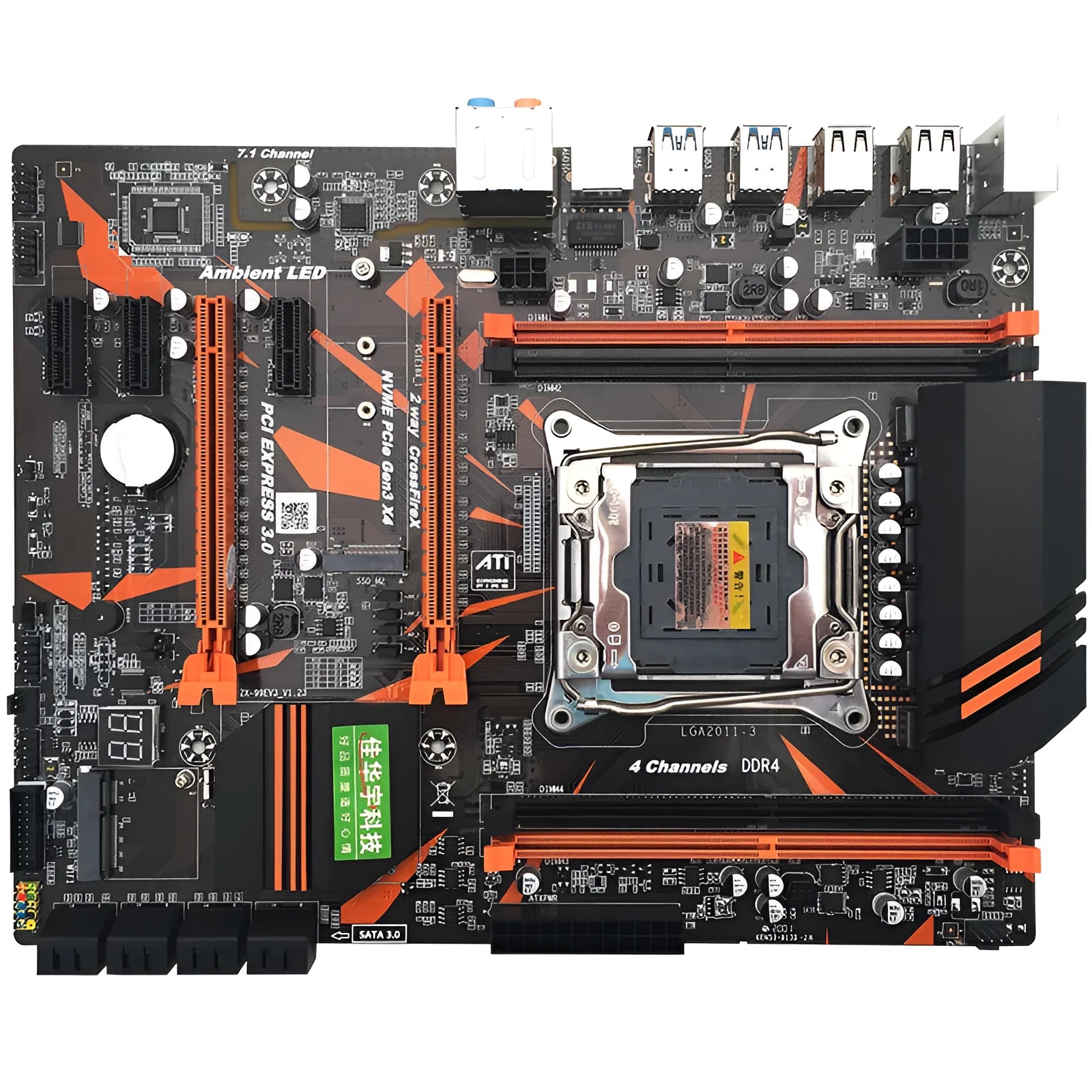 Black X99 chipset ATX motherboard with LGA2011-3 socket, four DDR4 slots, and M.2 interface.