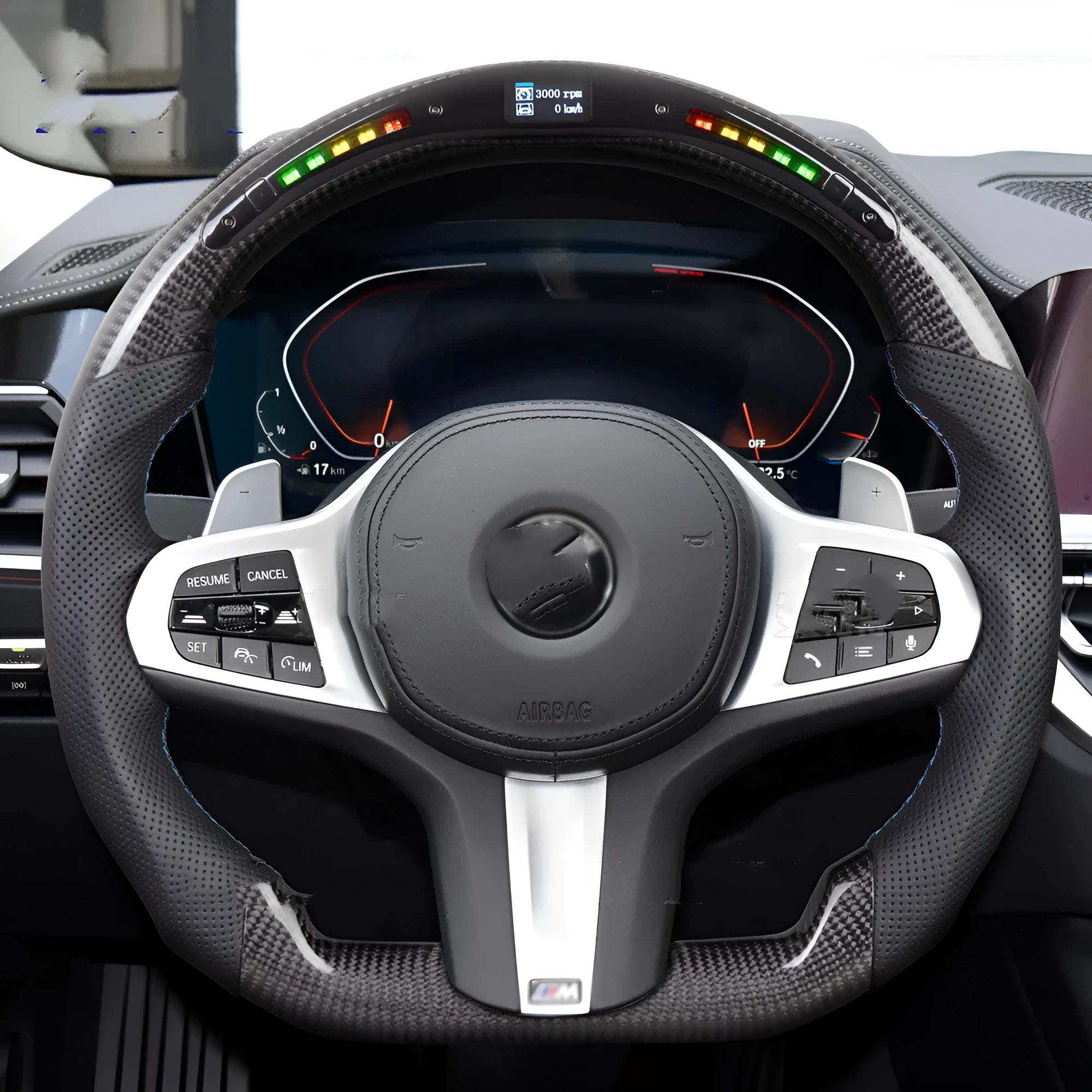 Black carbon fibre BMW steering wheel with LED elements and paddle shifters