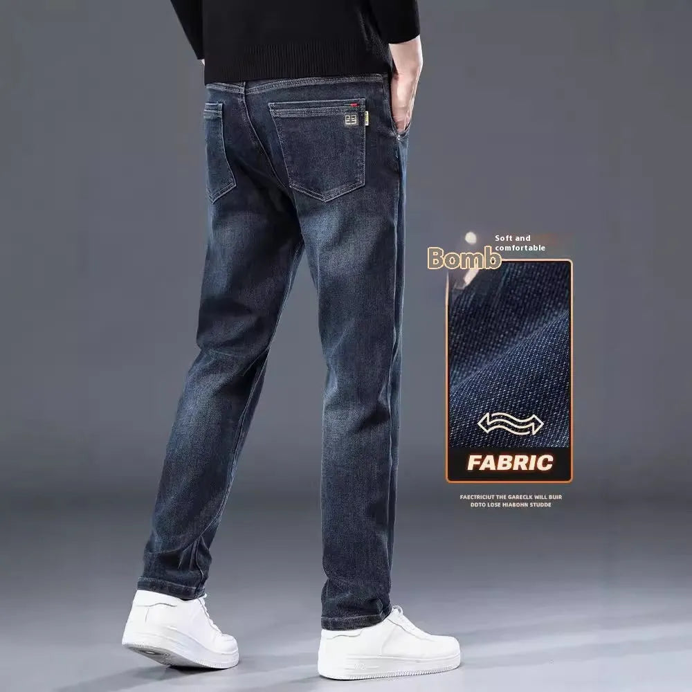 Men's slim straight casual trousers in polyester fabric with micro elasticity and zipper fly