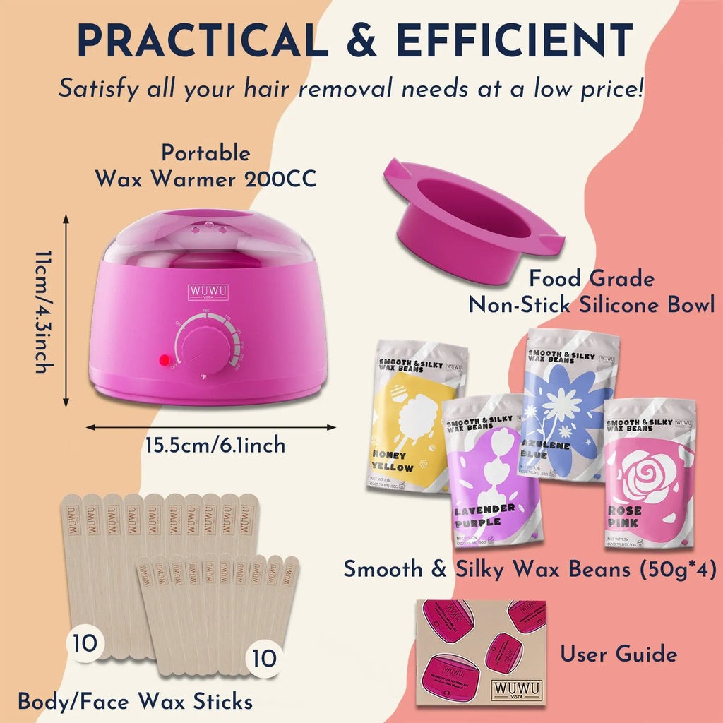 27-piece hair removal waxing kit with wax heater machine, four coloured wax bead pots, and wax sticks