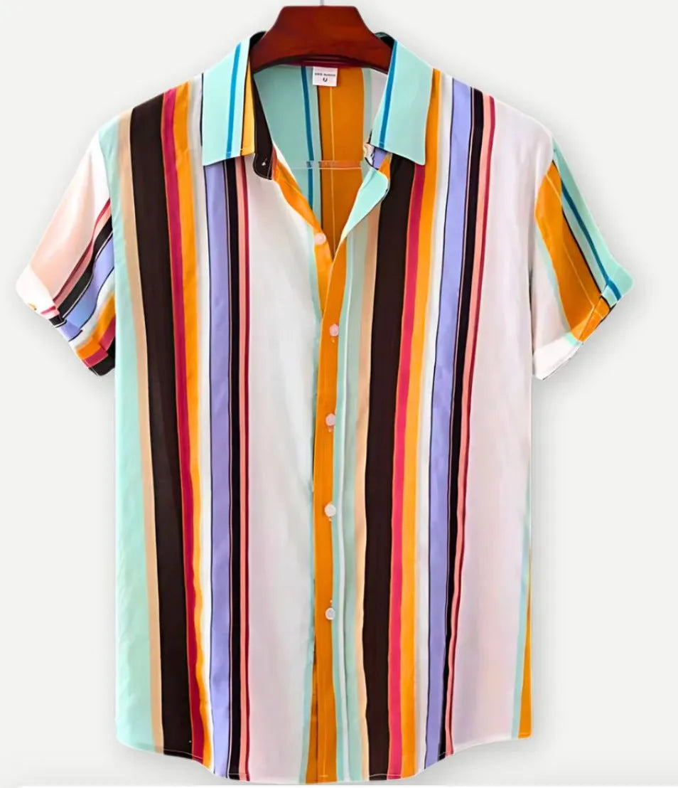 Hawaiian print short sleeve shirt with floral pattern and elastic fabric on a mannequin