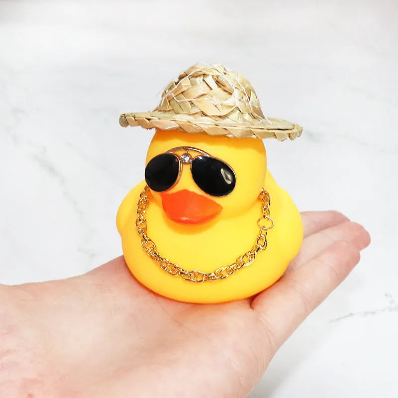 Cartoon yellow duck wearing straw hat car dashboard ornament with sunglasses necklace accessory
