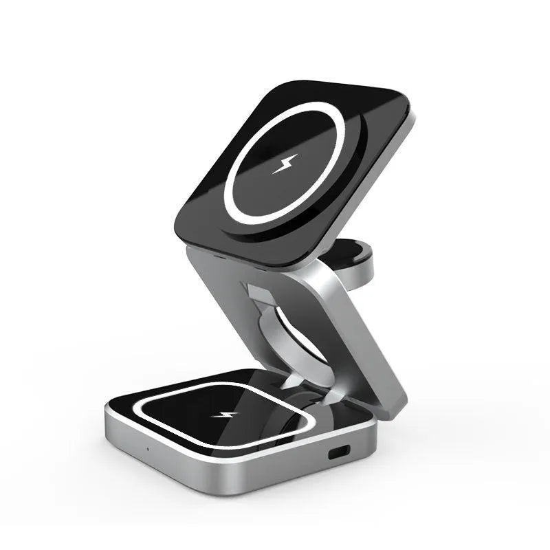 Three-in-one desktop wireless charging bracket showing foldable design with charging areas for multiple devices