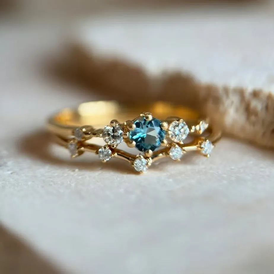 Alloy Flower Ring with Gold Sea Blue Diamond Design for Women Available in Sizes No 6 to No 10 Electroplated Finish Simple Couple Style Jewelry Ring Female