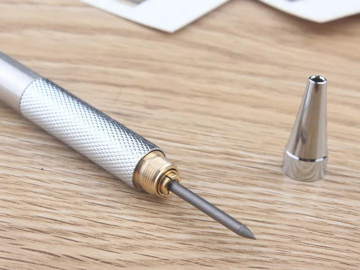 Metal automatic mechanical pencil with multiple lead size options including 0.5mm, 0.7mm, 0.9mm, 1.3mm, and 2.0mm