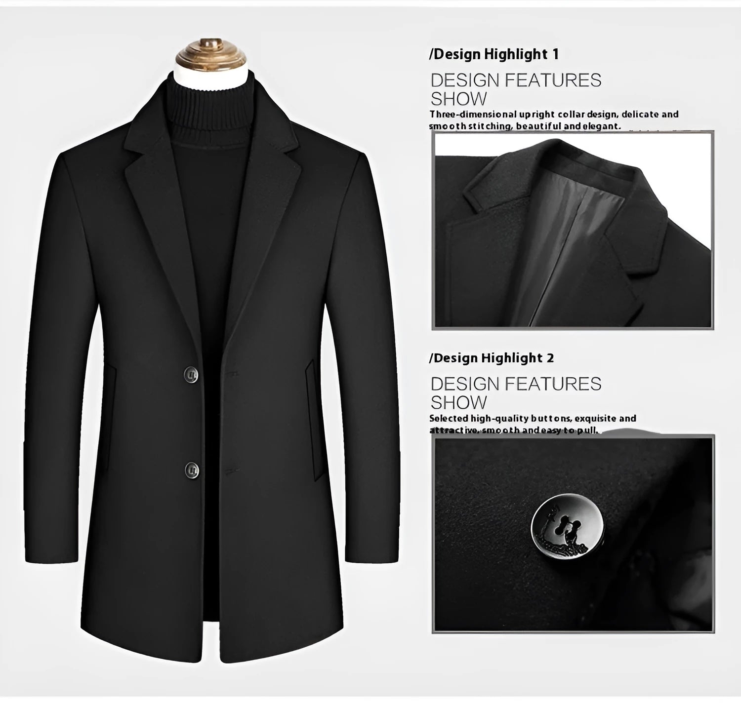 Single-breasted woolen coat for men in gray with straight hem and thickening construction