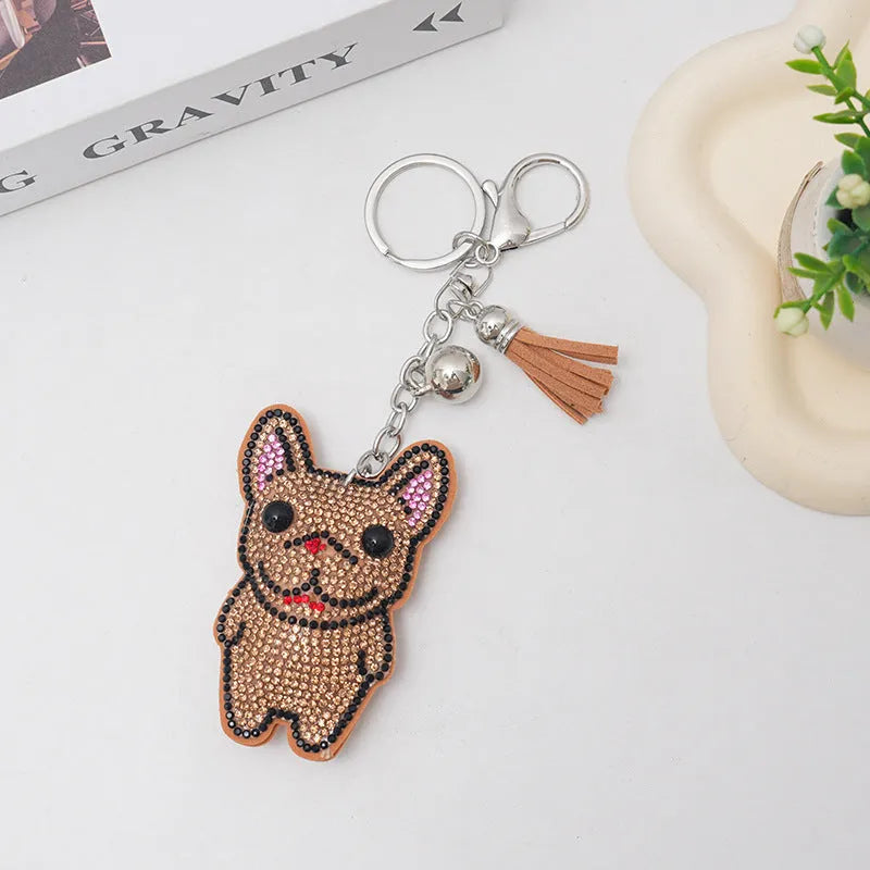 Cartoon French dog rhinestone keychain with alloy tassel in caramel colour