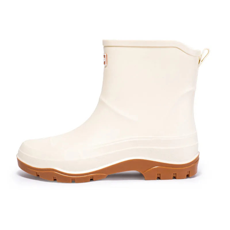 Women's non-slip waterproof rubber shoes flat heel solid colour plastic upper low tube