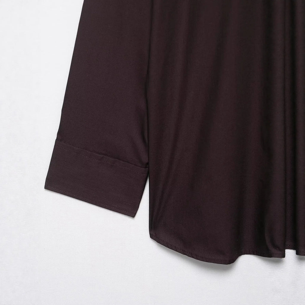 Brown women's poplin shirt with bow tie scarf detail, loose fit long sleeve office blouse